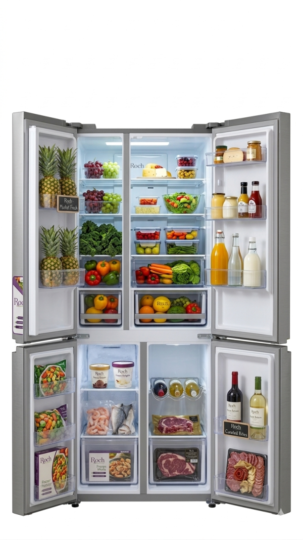 Roch RFR-525IWD4-I 420L Four-Door Side-by-Side Refrigerator with Water Dispenser – Stainless Steel