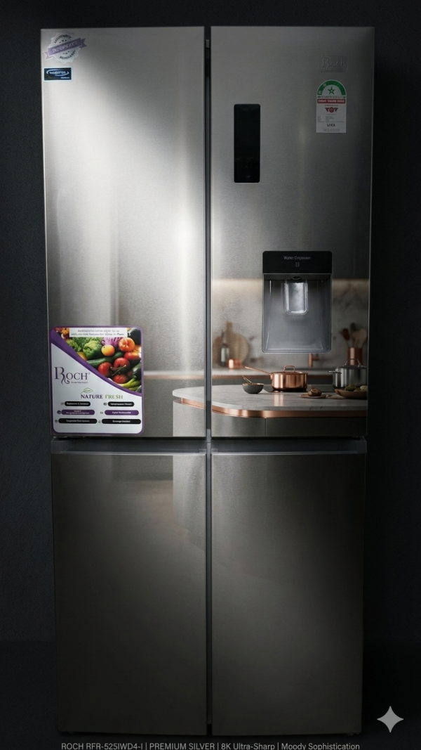 Roch RFR-525IWD4-I 420L Four-Door Side-by-Side Refrigerator with Water Dispenser – Stainless Steel