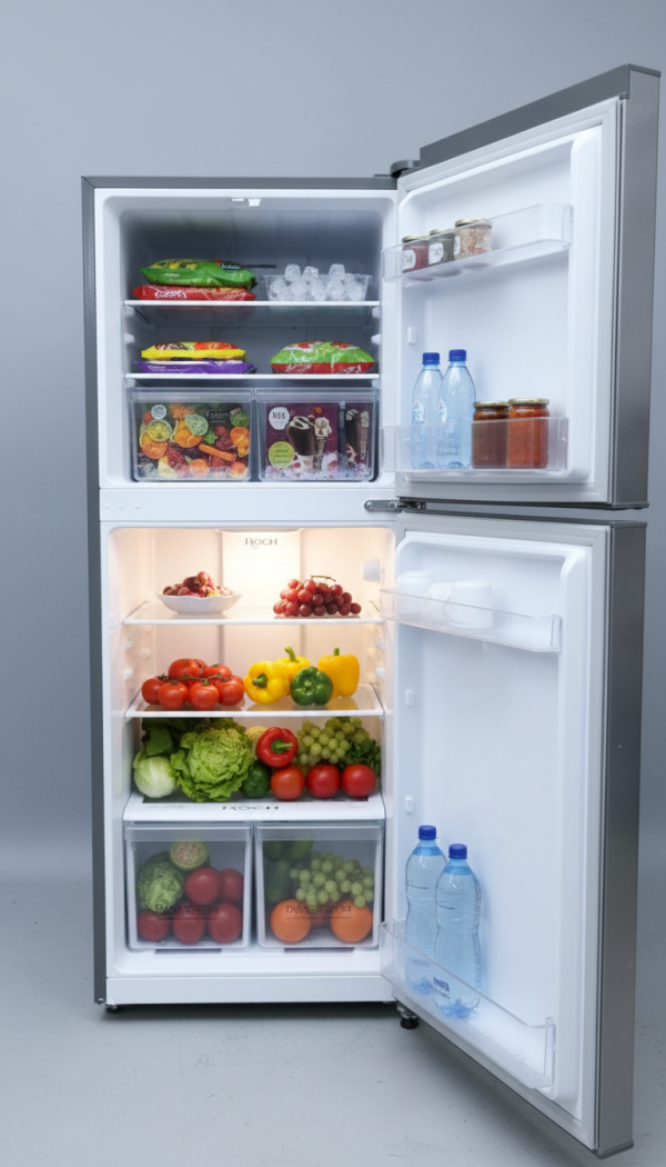 ROCH RFR-325DTN-I Refrigerator, 80W Energy Efficient, Silver Finish, Save Energy with Every Use