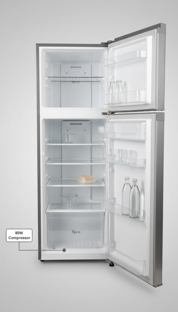 ROCH RFR-325DTN-I Refrigerator, 80W Energy Efficient, Silver Finish, Save Energy with Every Use