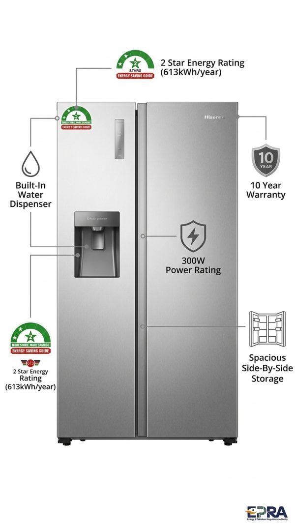 Hisense REF558DR Refrigerator, 300W, Silver Finish, Energy Efficient for Cost Savings