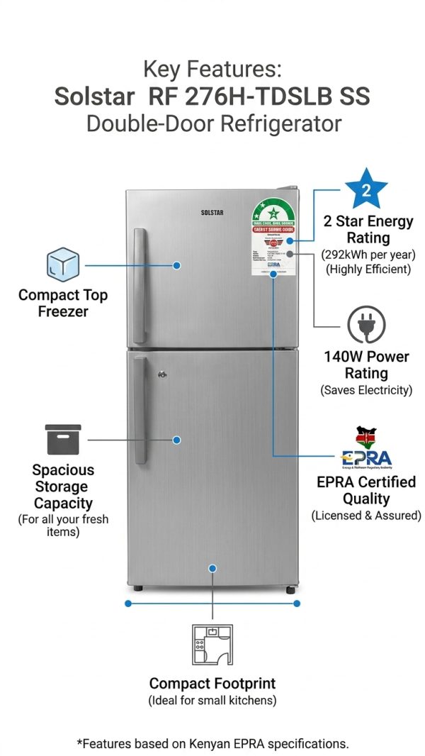 Solstar RF 276H-TDSLB SS Refrigerator 140W Energy Efficient Silver Finish with 2-Star EPRA Rating