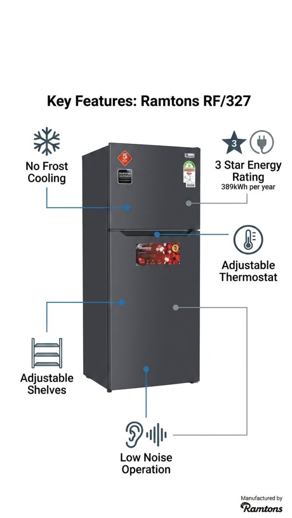 Ramtons RF/327 Refrigerator Freezer, No Frost Cooling, 3 Star Rating, 5 Year Warranty