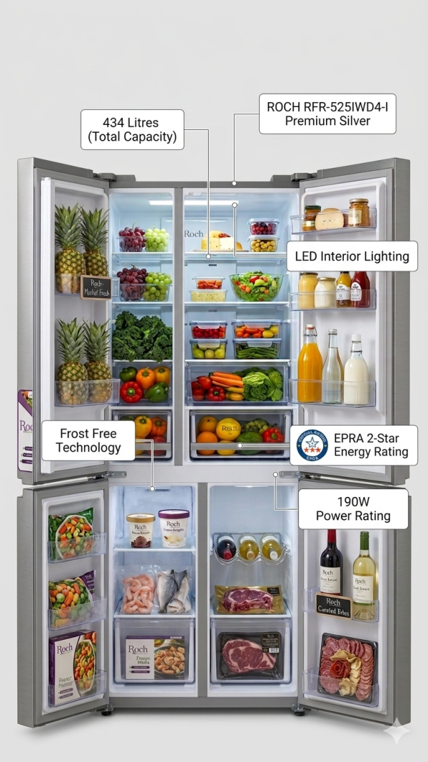 Roch RFR-525IWD4-I 420L Four-Door Side-by-Side Refrigerator with Water Dispenser – Stainless Steel