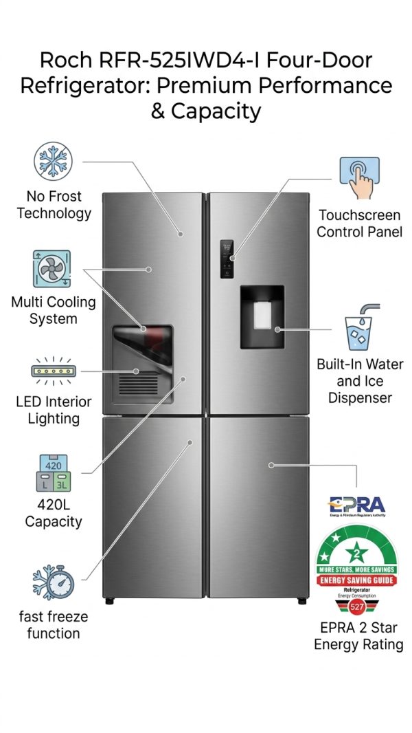 Roch RFR-525IWD4-I 420L Four-Door Side-by-Side Refrigerator with Water Dispenser – Stainless Steel
