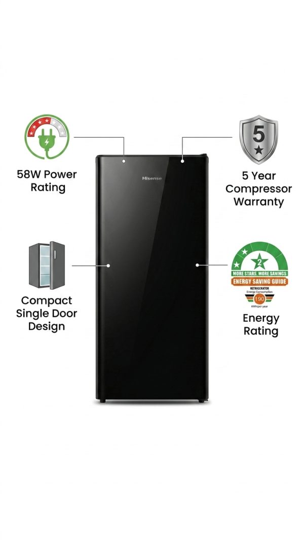 Hisense REF176DR Single Door Refrigerator, 58W, 2 Star Energy Rating, 5 Year Compressor Warranty
