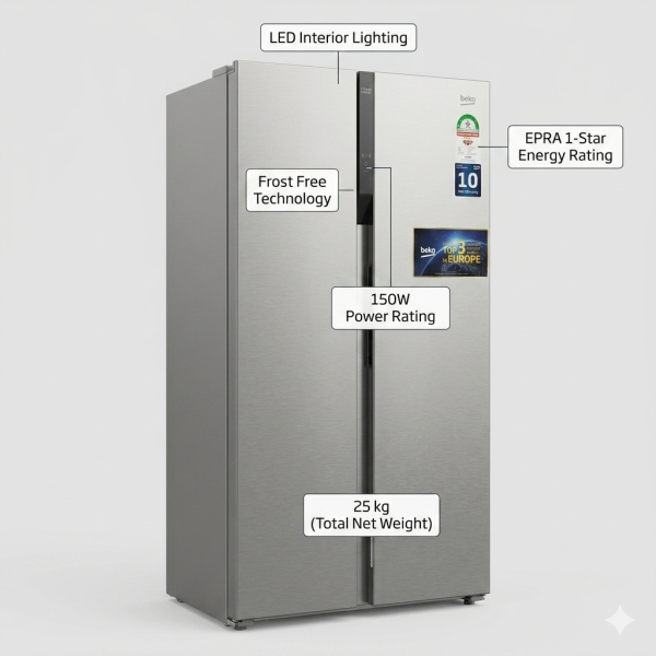 Beko BFF255 UK KE 429L Side-by-Side Fridge Freezer with Inverter Compressor & NeoFrost™ Technology – Inox