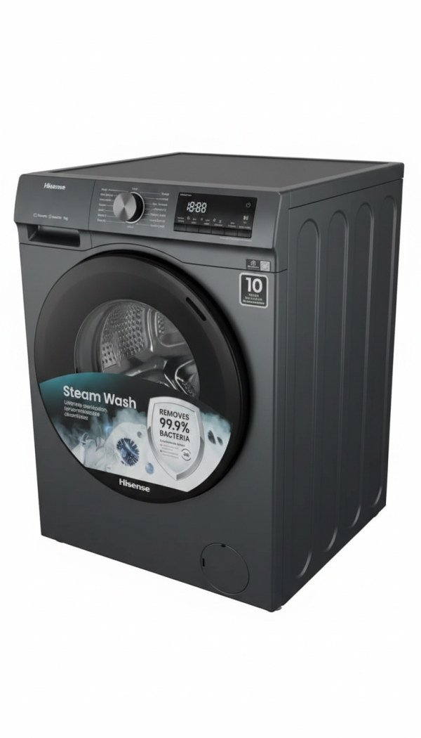 Hisense WFKV1001T Washing Machine, 10.5kg, Steam Wash, Graphite, Removes 99.9% Bacteria