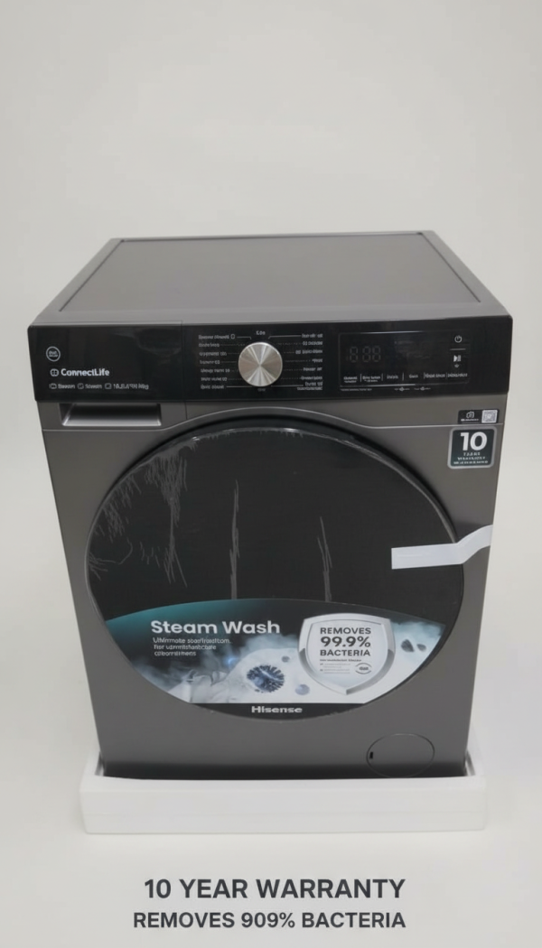 Hisense WFKV1001T Washing Machine, 10.5kg, Steam Wash, Graphite, Removes 99.9% Bacteria