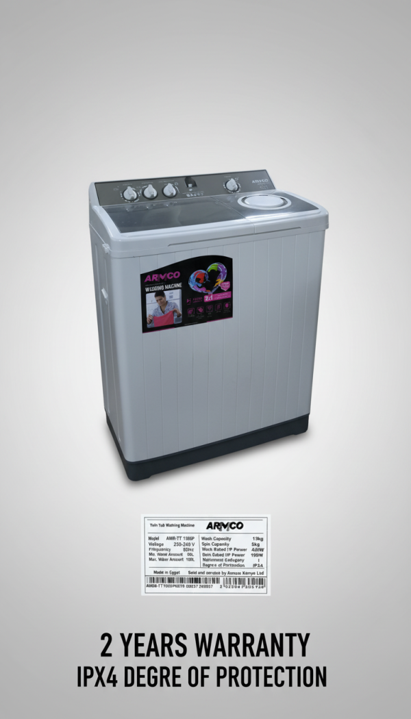 Armco AWM-TT 1305P Twin Tub Washing Machine 13kg Wash Capacity, 5kg Spin Capacity - Efficient Cleaning for Your Home